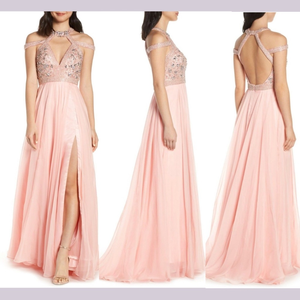 NWT $598 Mac‎ Duggal [ 8 ] Strappy Beaded Bodice Chiffon Gown in Blush Pink